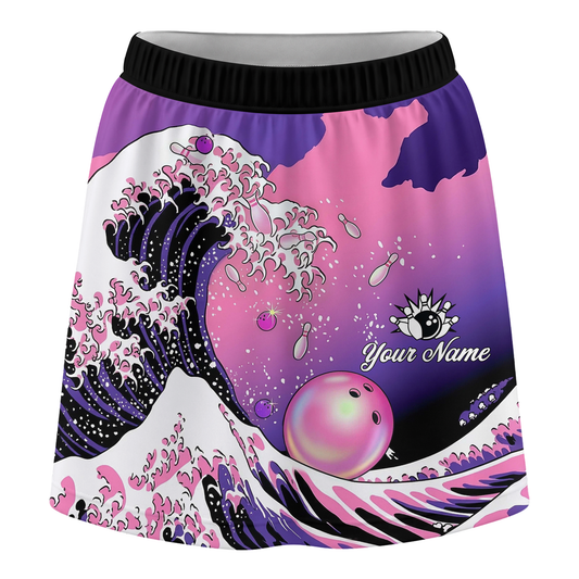 Maxcorners Customized Bowling Trouser Skirts With Shorts Underneath, Bowling Purple Pink Ocean Wave With Pockets