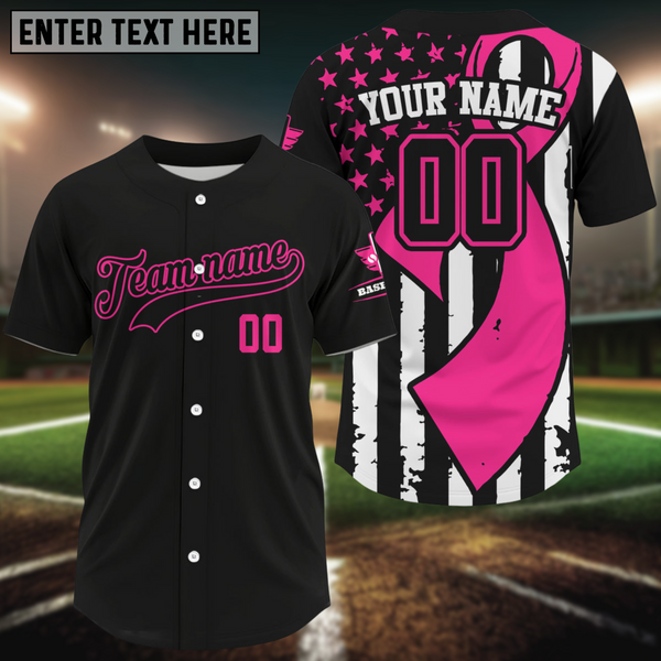 Maxcorners Pink Ribbon & US Flag Baseball Jersey For Men Custom Name, Number & Logo | Black LM2608