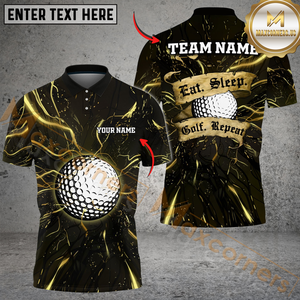 Maxcorners Electric Golf Repeat Funny Golf Polo Shirt, Customized Name & Team Name 3D Shirts (4 Colors)