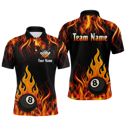 Maxcorners Orange 8 Ball Flame Fire Billiard Shirts For Men Custom Polo & 1/4 Zip Billiard Team Jerseys LM1605