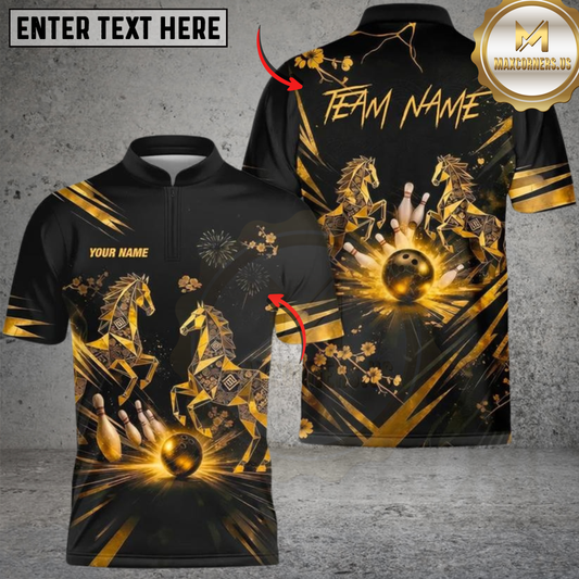 Maxcorners Bowling Black Gold Horse Multicolor Customized Name, Team Name 3D Shirts