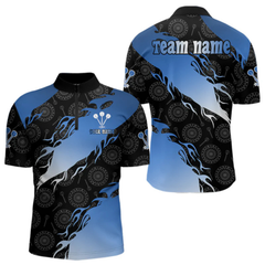 Maxcorners Custom Men's Darts Shirt With Cobalt Flames & Black Dartboard Pattern, Darts Jersey LM1805