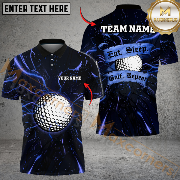 Maxcorners Electric Golf Repeat Funny Golf Polo Shirt, Customized Name & Team Name 3D Shirts (4 Colors)
