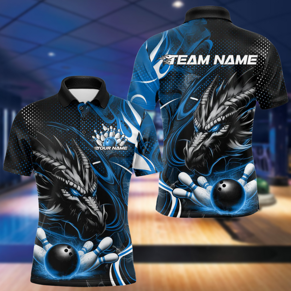 Maxcorners Custom Black And Blue Flame Dragon Bowling Jerseys, Dragon Bowling Team Men Polo Shirts LM193