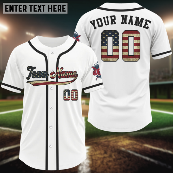Maxcorners White Men’s Patriotic Baseball Jersey Minimalist USA Flag | Custom Name, Number & Logo LM2608