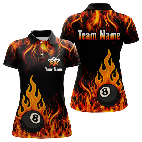 Maxcorners Orange 8 Ball Flame Fire Billiard Shirts For Men Custom Polo & 1/4 Zip Billiard Team Jerseys LM1605