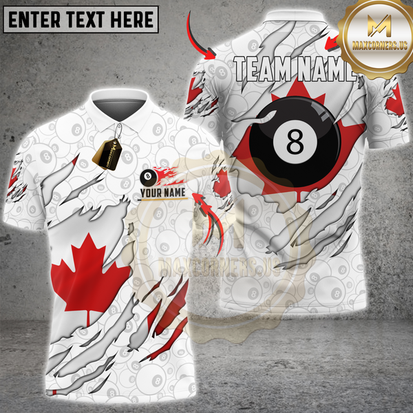 Maxcorners Billiards Sport Canada Maple Leaf Scratch Design Personalized Name 3D Unisex Shirt | White