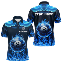 Maxcorners Blue Flaming 8 Ball Pool Billiard Shirts For Men Custom Polo & Quarter Zip Billiard Team Jerseys LM1605