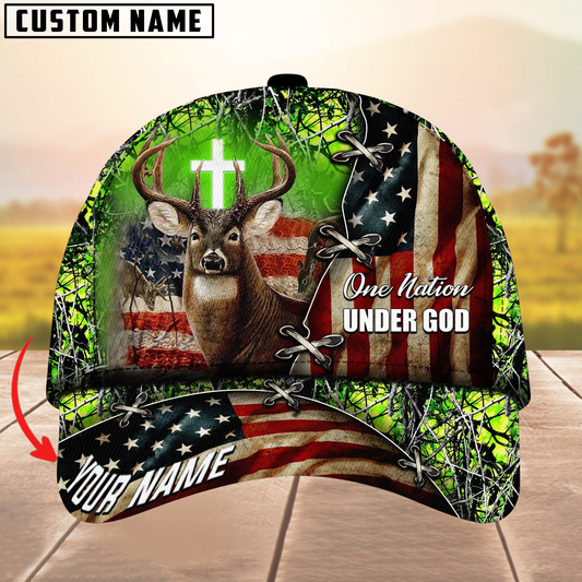 Maxcorners Unique One Nation Under God Deer Hunting Multicolor Personalized Name 3D Cap