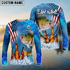 Maxcorners Walleye Fishing Beer Usa Flag Personalized Name, Team Name 3D Long Sleeve Shirt