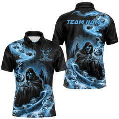 Maxcorners Custom Grim Reaper Bowling Polo Shirts For Men, Mid Blue Flame Skull Halloween Design LM105