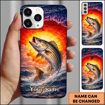 Maxcorners Striped Bass Fishing Fiery Sunset Splash Personalized Name 3D Phone Case