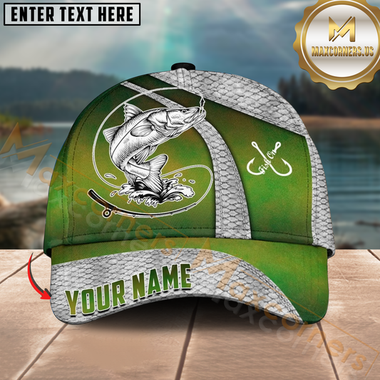 Maxcorners Catfish Fishing Green Scale Pattern Design Personalized Name 3D Cap