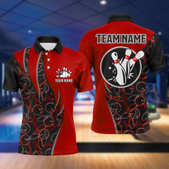 MaxCorners Red Seamless Pattern Customized Name 3D Bowling Polo Shirt For Men