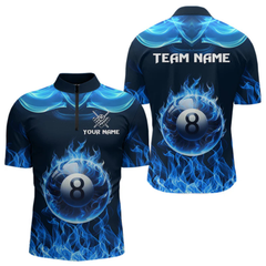 Maxcorners Blue Flaming 8 Ball Pool Billiard Shirts For Men Custom Polo & Quarter Zip Billiard Team Jerseys LM1605