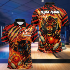 Maxcorners Personalized Tiger Bowling Shirts For Men, Orange Flame Lightning Thunder Tiger Team Bowling Jerseys LM105