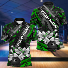 Maxcorners Custom Black And Green Bowling Polo Shirts For Men, Bowling Tournament Team Uniform