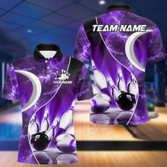 Maxcorners Purple Light Pattern Bowling Polo, Quarter Zip Shirts For Men Custom Bowling Team League Jerseys LM105