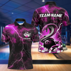 Maxcorners Pink Thunder Lightning Custom Cobra Snake Bowling Polo Shirts For Men, Bowling Team Shirt