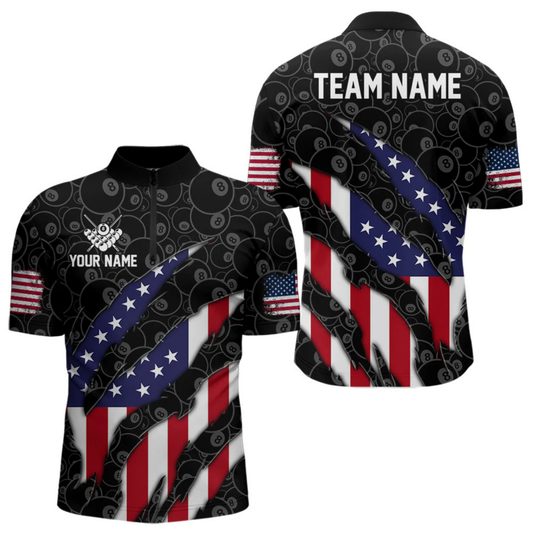 Maxcorners Personalized American Flag Billiard Shirts For Men, Patriotic 8 Ball Pool Team Jersey | Black LM1805