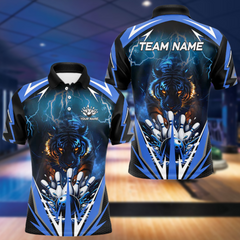 Maxcorners Blue Lightning Thunder Tiger Mens Bowling Polo, Quarter Zip Shirts Custom Bowler Jersey Bowling Outfit LM123