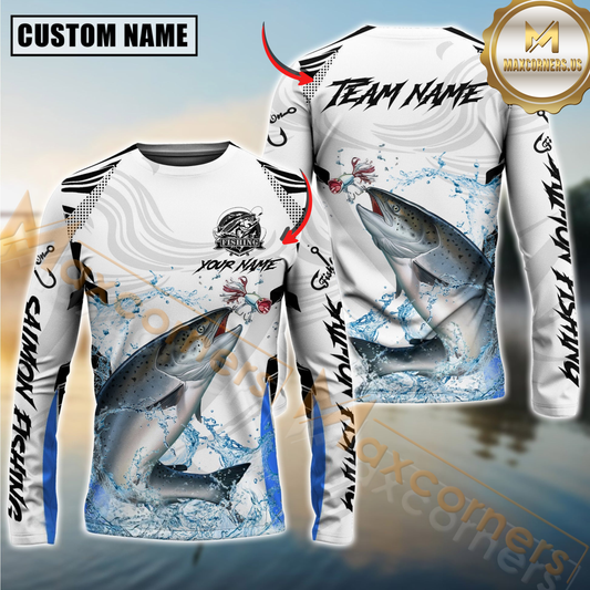 Maxcorners Salmon Fishing White Black Curve Pattern Design Custom Name & Team Name 3D Shirts