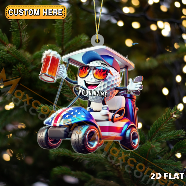 Maxcorners Golf Cart Riding Golf Ball Character Beer Mug Flaming Shades Personalized Name Christmas Ornament 2D Flat