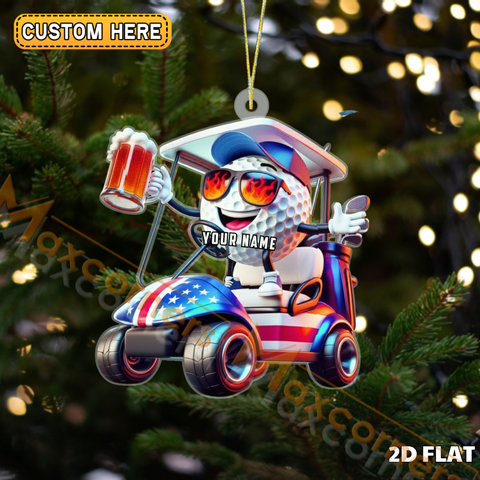 Maxcorners Golf Cart Riding Golf Ball Character Beer Mug Flaming Shades Personalized Name Christmas Ornament 2D Flat
