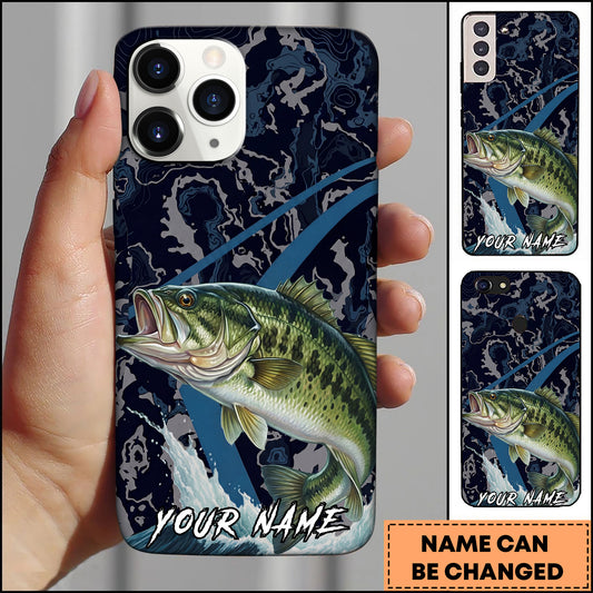 Maxcorners Bass Fishing Dark Water Topographic Pattern Personalized Name Phone Case