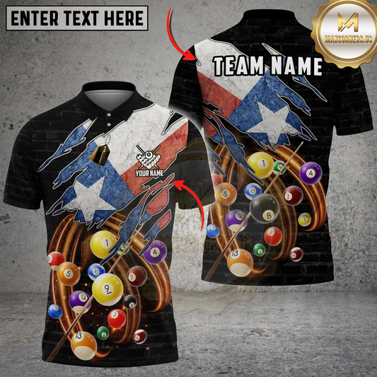 Maxcorners Billiards 8 Ball Texas Flag Spinning Balls Torn Effect Design Personalized Shirt