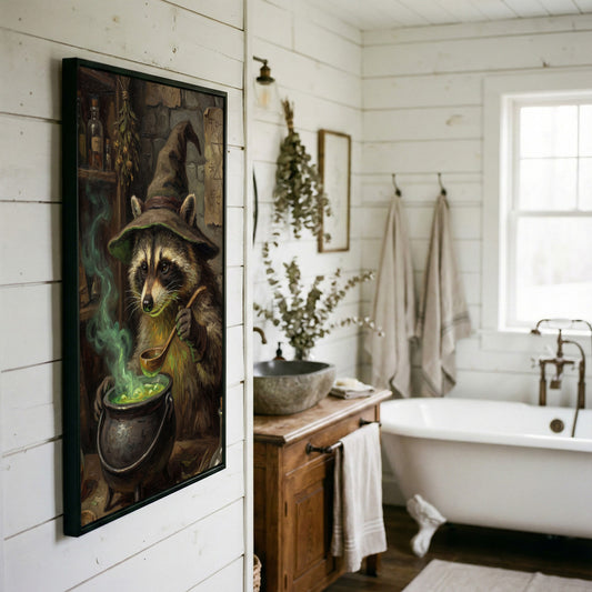 Maxcorners Wizard Raccoon Brewing Green Magic Potion Fantasy Canvas Wall Art