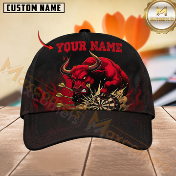 Maxcorners Darts Angry Bull Smashing Dartboard Black Red Fiery Personalized Name 3D Cap