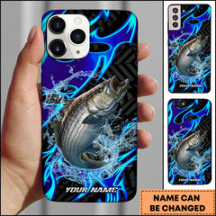 Maxcorners Striped Bass Fishing Neon Blue Flame Water Splash Art Personalized Name Phone Case