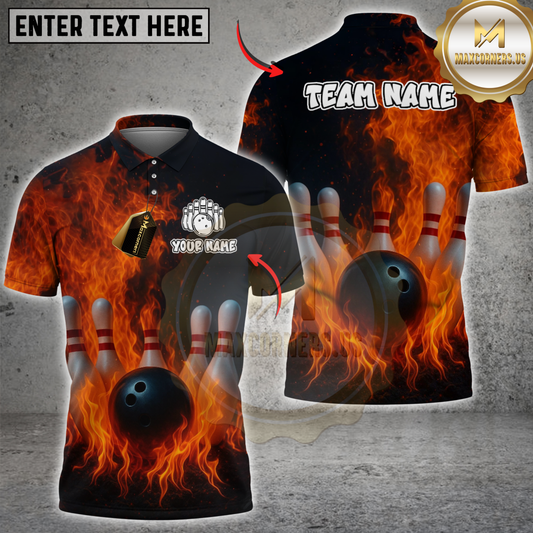 Maxcorners Bowling And Pins Flame Multicolor Customized Name, Team Name 3D Shirts