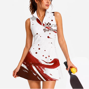 Maxcorners Pickleball Sleeveless Zipper Sports Dress Set Red White Paint Splash Personalized Name 3D Sleeveless Zipper Sports Dress Set