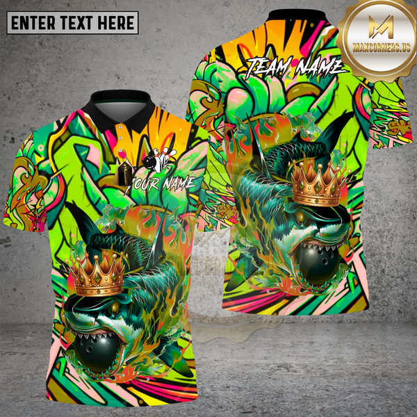 Maxcorners Bowling King Shark Graffiti Neon Art Design Multi Options Personalized Name Team Name 3D Shirt
