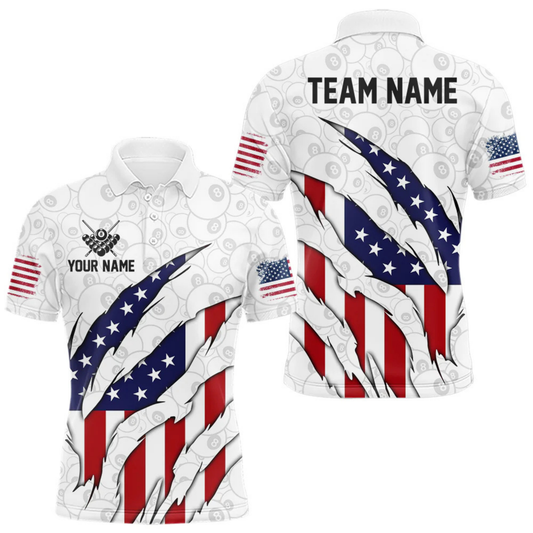 Maxcorners Personalized American Flag Billiard Shirts For Men, Patriotic 8 Ball Pool Team Jersey | White LM1805
