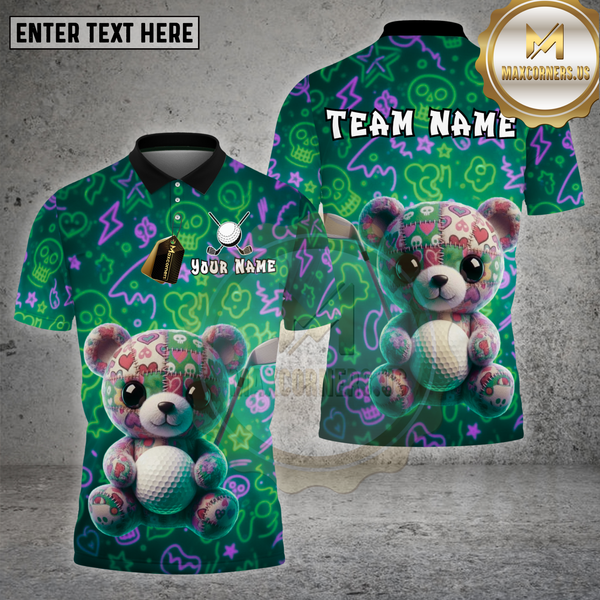 Maxcorners Golf Cute Teddy Bear Neon Graffiti Style Multi Options Personalized Name Team Name 3D Shirt