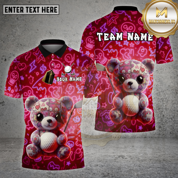 Maxcorners Golf Cute Teddy Bear Neon Graffiti Style Multi Options Personalized Name Team Name 3D Shirt