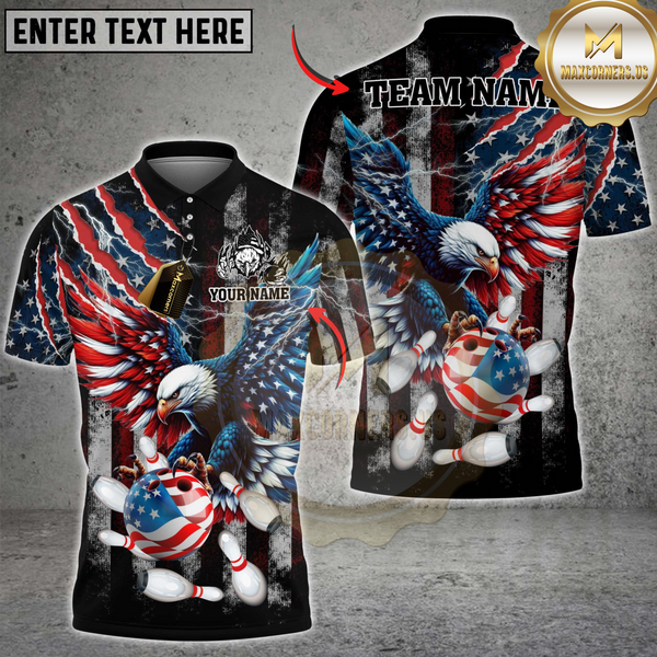 Maxcorners Bowling Eagle American Flag Lightning Personalized Name 3D Unisex Shirt