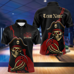 Maxcorners Custom Black And Red Pirate Bowling Men Polo Shirts, Bowling Team Bowling League Shirt LM154