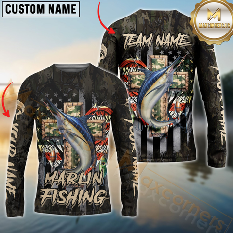 Maxcorners Marlin Fishing American Flag Camo Cross Gear  Pattern Sun Protection Personalized Name, Team Name Long Sleeve Shirt