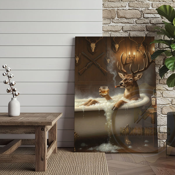 Maxcorners Deer Gentleman Sitting by Fireplace Wrapped Canvas