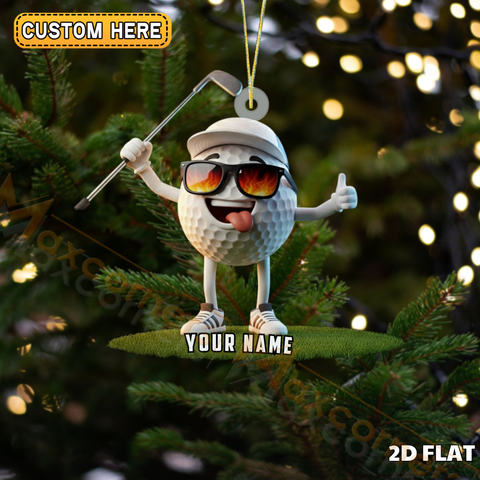 Maxcorners Happy Golf Ball Character Golf Club Flaming Shades Personalized Name Christmas Ornament 2D Flat