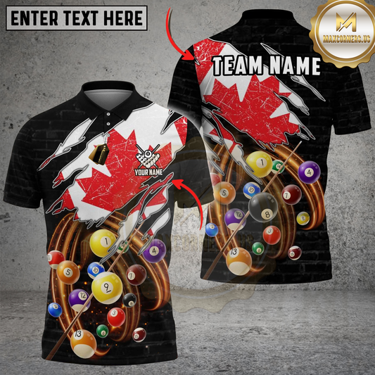 Maxcorners Billiards 8 Ball Canadian Flag Spinning Balls Torn Effect Design Personalized Shirt