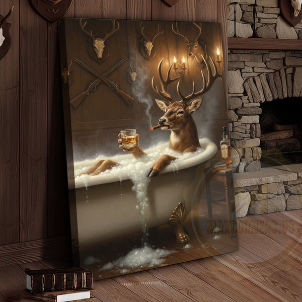 Maxcorners Deer Gentleman Sitting by Fireplace Wrapped Canvas