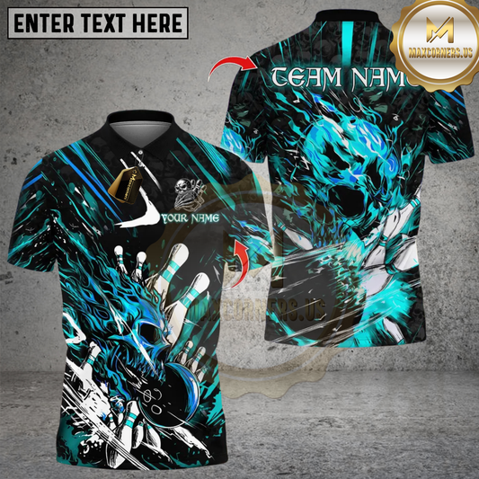 Maxcorners Bowling Flame Skull Strike Multicolor Customized Name, Team Name 3D Shirts