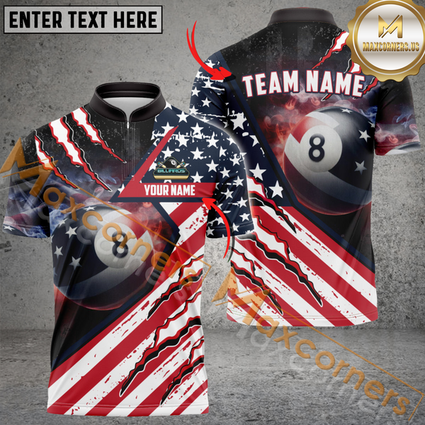 Maxcorners 8 Ball American Flag Patriot Billiard Jersey Customized Name, Team Name 3D Polo Shirt