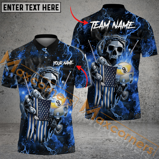 Maxcorners Ball 9 Fire Skull US Flag Billiard Jersey Multicolor Options Personalized Name, Team Name 3D Polo Shirt (4 Colors)