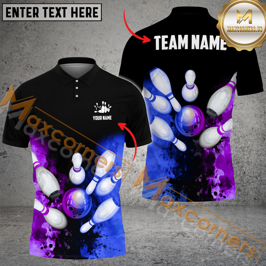 Maxcorners Ball And Pins Vintage Black Marble Bowling Jersey Multicolor Option Customized Name, Team Name 3D Polo Shirt